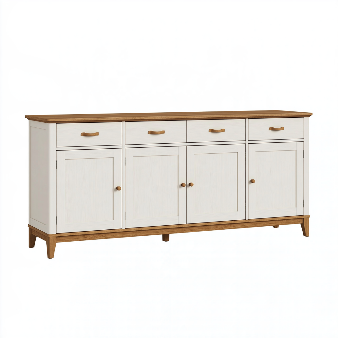 Buffet 180 x 45 x 90 cm en bois blanc et brun à 4 portes 4 tiroirs style campagne