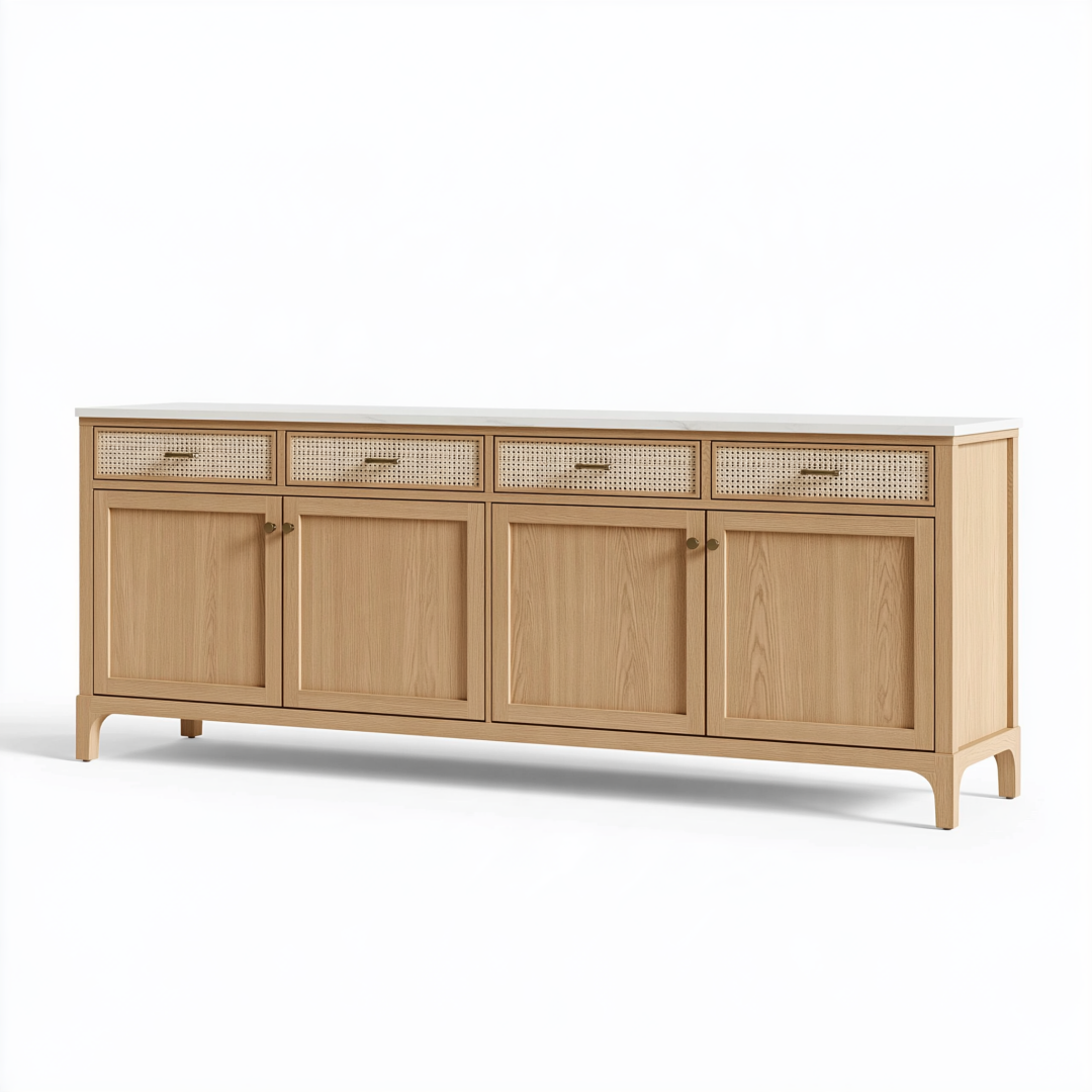 Buffet 200 x 45 x 85 cm en bois chêne clair blanc avec cannage style contemporain