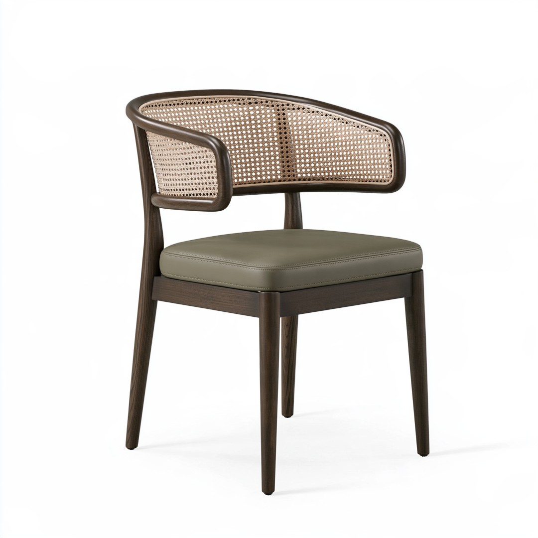 Fauteuil 58 x 58 x 78 cm en bois brun cannage beige assise vert olive style contemporain