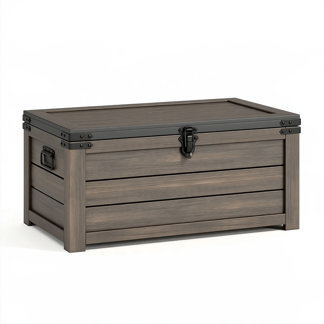 Coffre de rangement extérieur 120 x 60 x 65 cm en résine gris taupe avec couvercle à fermeture