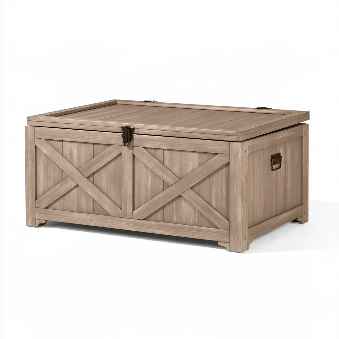 Coffre de rangement extérieur 120 x 60 x 60 cm en bois gris taupe à couvercle rabattable style rustique