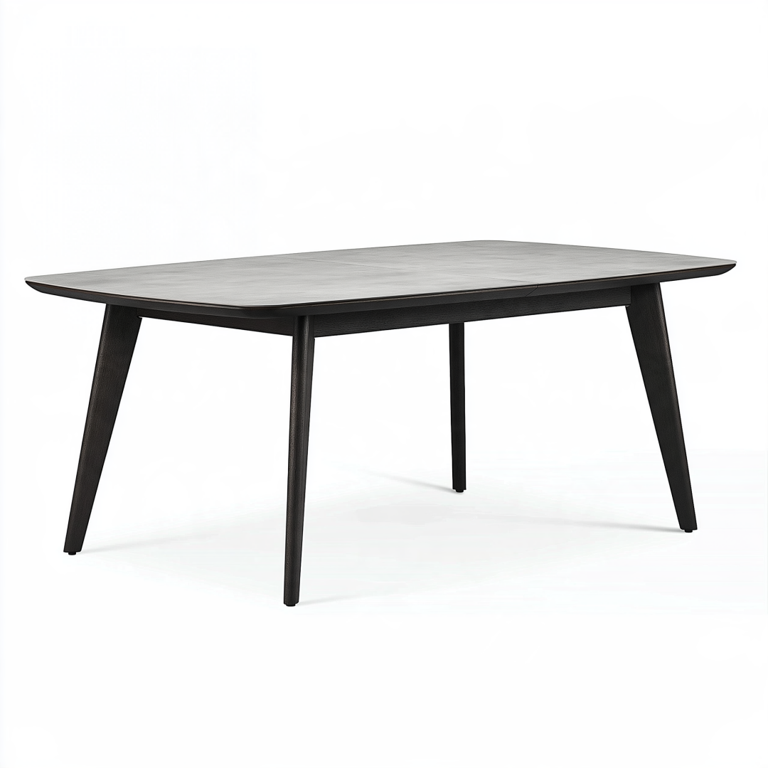 Table à manger 180 x 90 cm plateau effet pierre gris pieds en bois noir style contemporain
